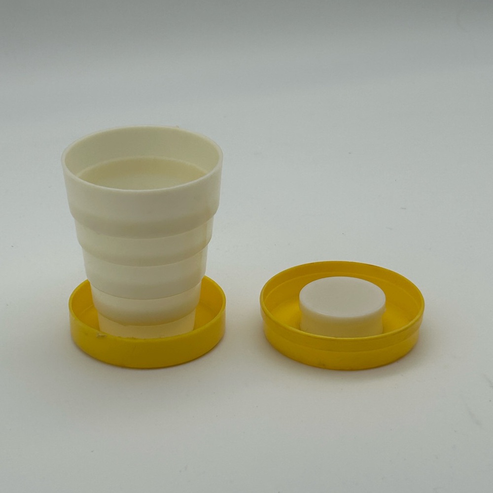 Vintage Collapsible Travel Drinking Cup and Lid w/ Pill Holder Yellow Plastic